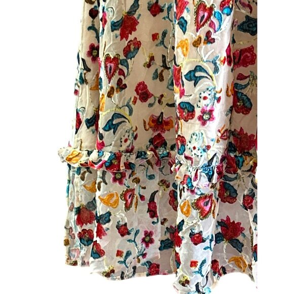 Bohemian Festival Multicolor Burnout Velvet Floral Midi Dress Ruffle Mock Neck - Picture 2 of 7